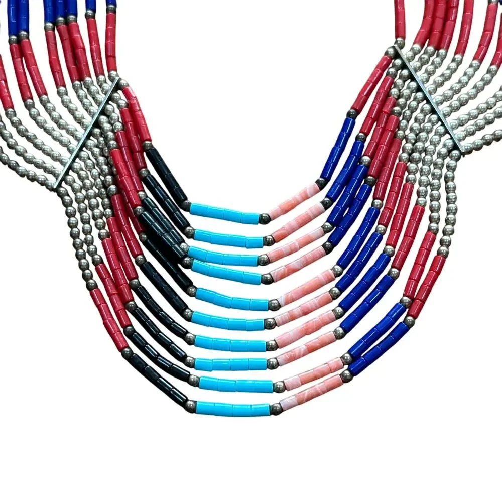 Sterling Silver beaded multistrand bib necklace southwestern gemstones signed
